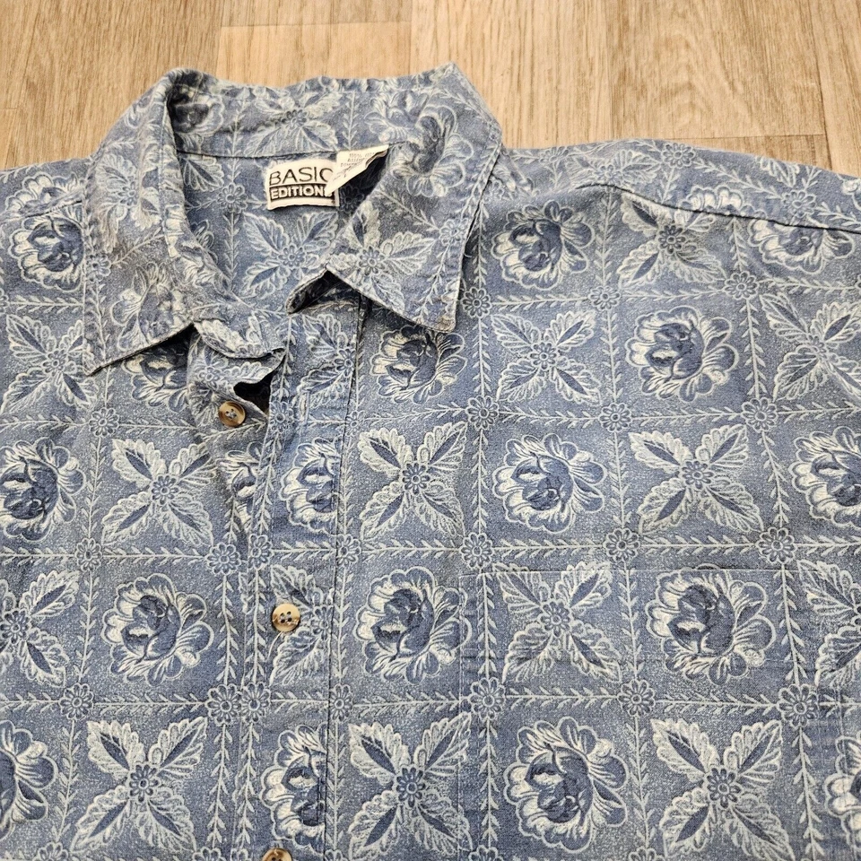Top De Colección Ediciones Básicas Floral Con Botones Para Hombre L Azul Campamento Hawaiano Años 90 Y2K Algodón Foto 3 de 4