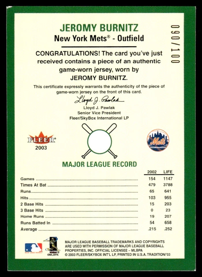 2003 Fleer Tradition Jeromy Burnitz 090/100 New York Mets #NNO - Image 2 of 2
