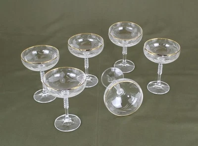 6 Sektschalen antik Champagnergläser H 14cm Handschliff Weinrebe Goldrand - Bild 1 von 4