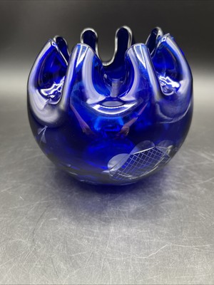 Vtg Cut To Clear Cobalt Blue Ruffle Crystal Art Glass Rose Bowl Czech Bohemian