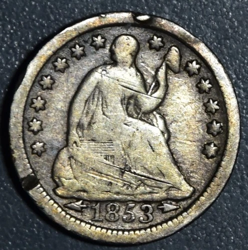 1853 5C SEATED LIBERTY SILVER HALF DIME w/Arrows KM# 76 Grade: VG A6190