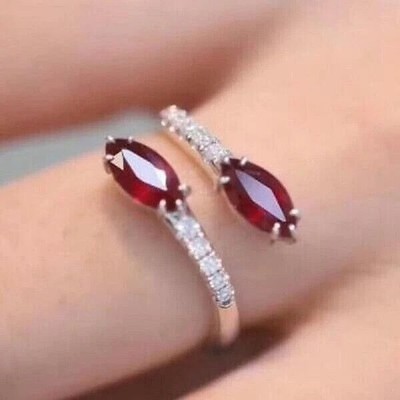 Marquise Cut Simulated Red Ruby Engagement Wedding Ring 14K White Gold Plated