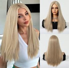 Real Human Hair Wig New Fashion For Women Long Mix Blonde Straight Wigs 24In