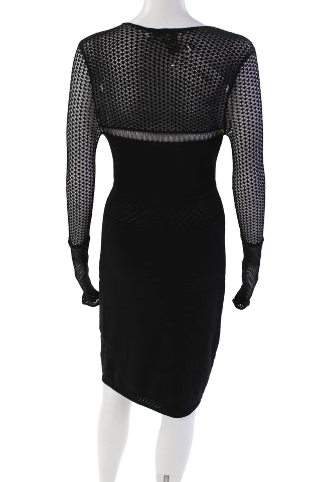 Vestido Catherine Malandrino para mujer tejido abierto manga larga cuello en V negro talla pequeña Foto 3 de 4