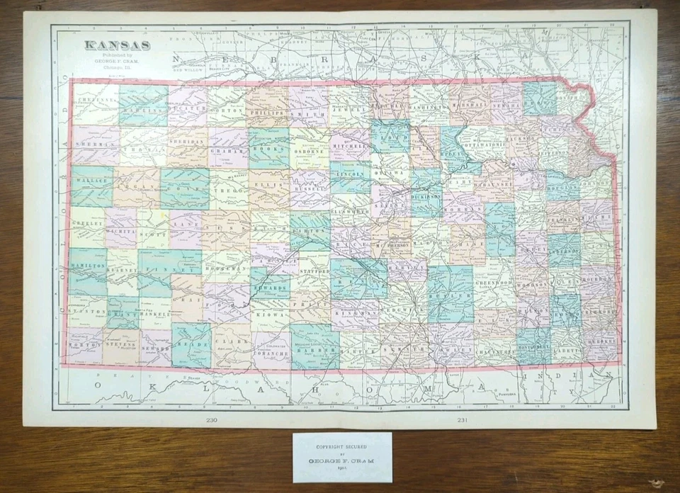 Vintage 1902 Mapa KANSAS 22"x14" ~ Antigo Original TOPEKA SHAWNEE COUNTY KS - Imagem 2 de 4