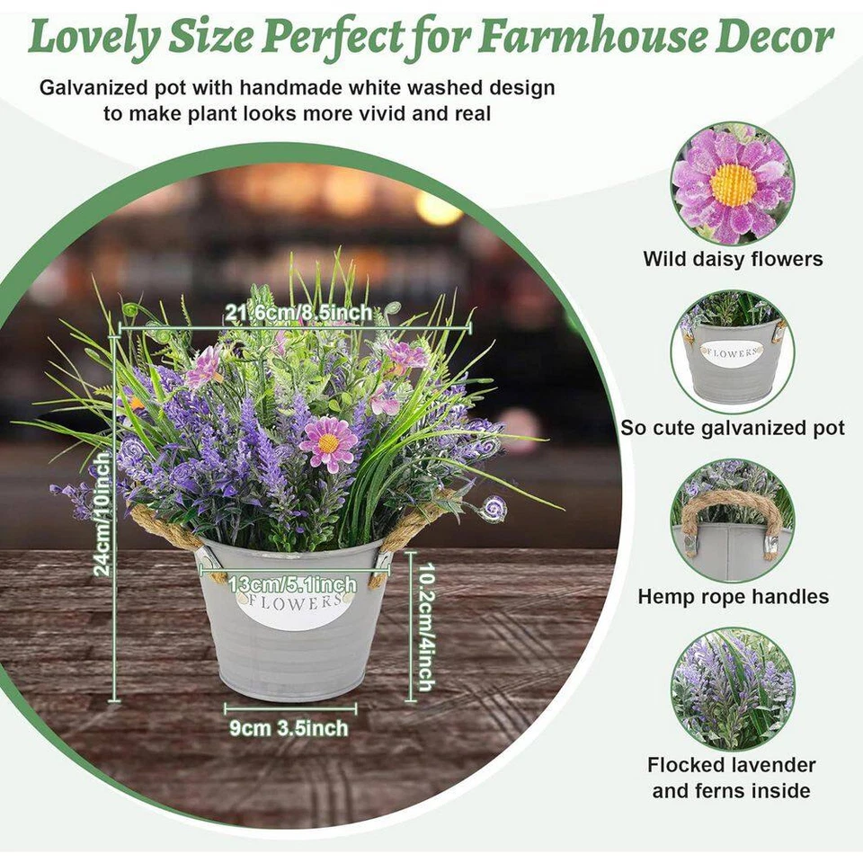 10 pulgadas Flores de lavanda artificiales multicolores para interiores en maceta gris Foto 3 de 4