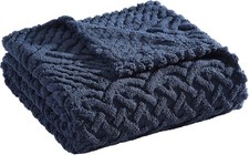 Throw Blanket Soft Cable Knit Sherpa Bedding Ideal Bed/Couch Declan Navy 50" x