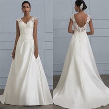 Elegant Satin A Line Bridal Gowns Floral Lace Cap Sleeves V Neck Wedding Dresses