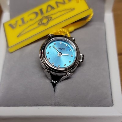 Invicta Women's Ring Watch Mini Quartz Blue Dial Crystal Silver Tone Band 49071