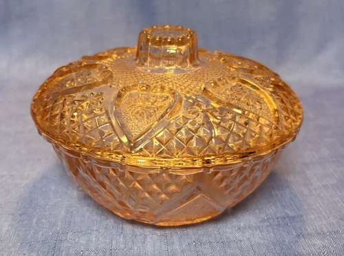 FNG Indonesia 5" Pink DEPRESSION GLASS BOWL WITH LID CANDY DISH Hearts Flowers