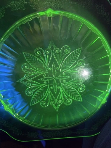 Jeanette Glass Adam Pattern Platter Uranium Vaseline Glass Green Glow 10"