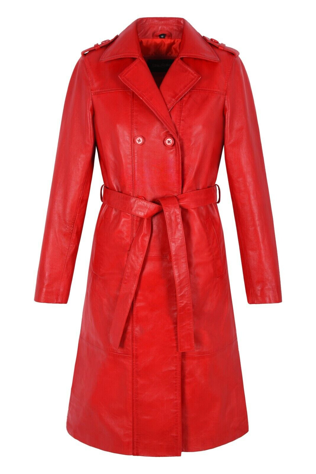 Elegante Nuevo Mujer Cuero Rojo Gabardina Real Cordero 3/4 Rodilla Largo Abrigo