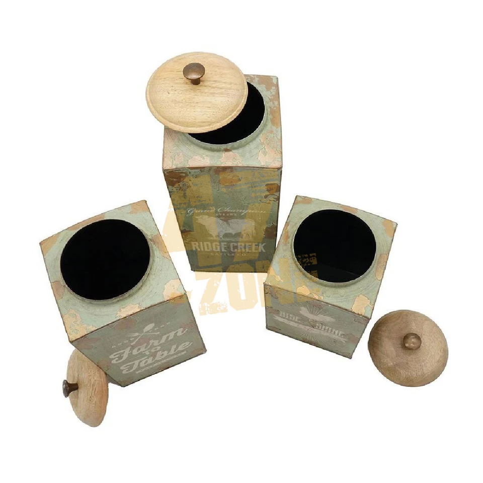 S/3 Gi Canister w/ Wdn Lid Brown Green Indoor Outdoor Tabletop Home Decor - Image 3 of 4