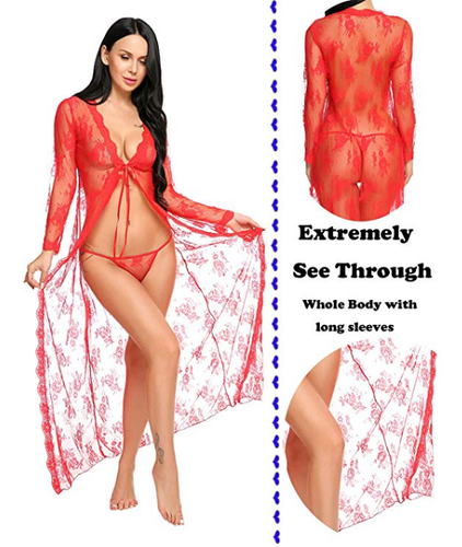 Sexy Lingerie for Women Long Lace Mesh Dress Sheer Gown See Through Kimono Robe - Picture 12 of 25
