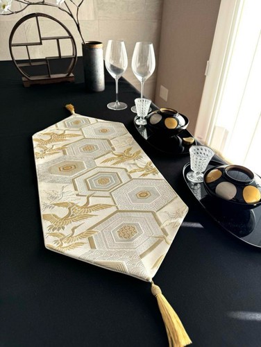 Crane, Gold, Japanese Obi Table Centerpiece,Handmade Remake with Tassels - Picture 2 of 6