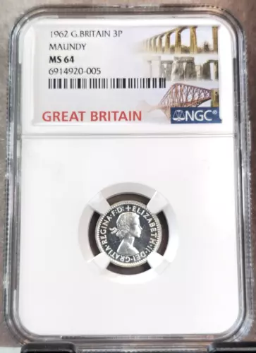 1962 GREAT BRITAIN SILVER 3 PENCE ELIZABETH II MAUNDY NGC MS 64 RARE BU BEAUTY