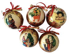 5 Victorian Style Christmas Ball Ornaments 2.36 inches Decoupaged Paper Mache
