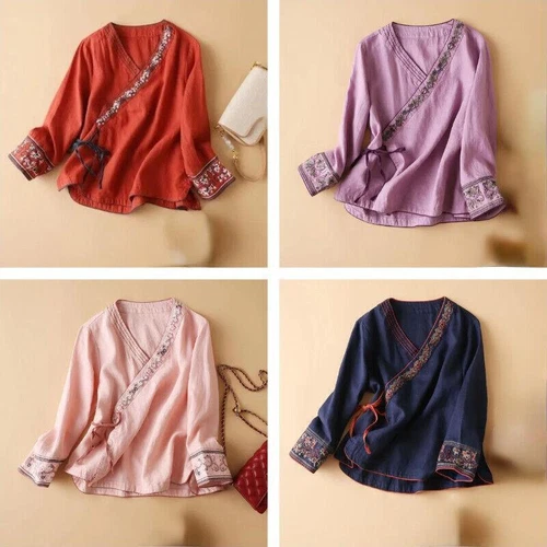 Damen Blumen bestickt Top Ethno Retro Shirt V-Ausschnitt Hanfu Cardigan Shirt Gr. - Bild 4 von 11