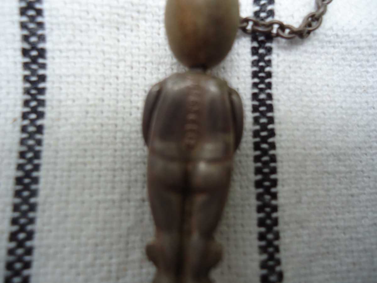ANTIQUE ENGLISH WWI SILVER & WOOD FUMSUP GOOD LUCK CHARM PENDANT