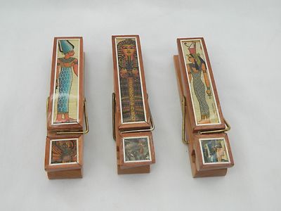 2 Small Egyptian Inlaid Papyrus Pharaoh Wooden Paper Clip 4.5'' X 0.75''