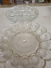 Pair Deviled Egg Relish Plate Clear Hobnail 15 Slots 11" Pretty Vintage Indiana 