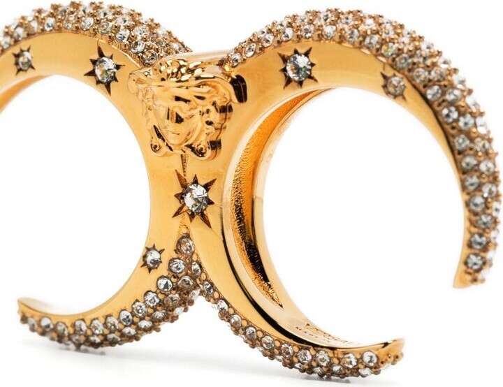 関送込 MEDUSA クリスタルリング Versace Galaxy Medusa Crystal Engraved Cuff Double Ring Gold