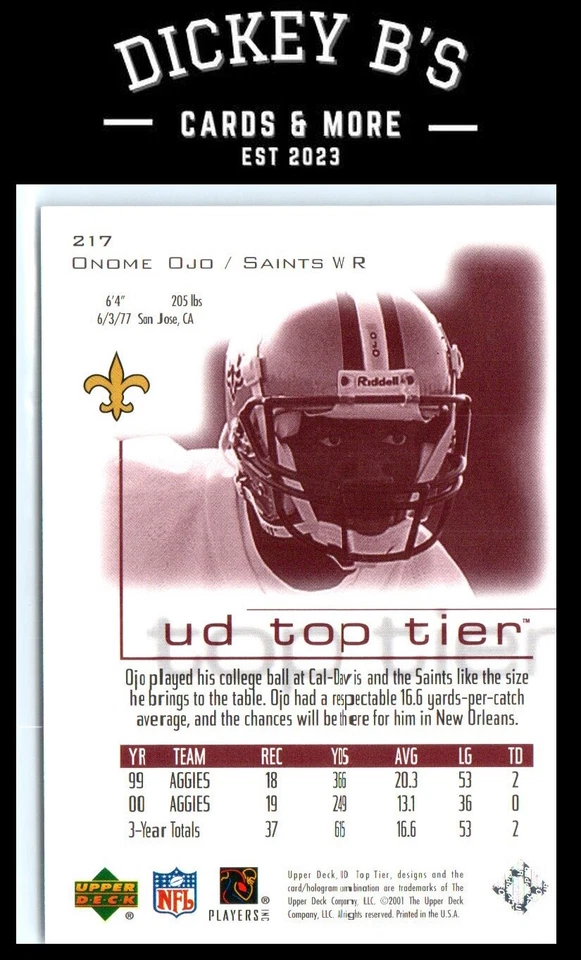 2001 Upper Deck Top Tier #217 Onome Ojo New Orleans Saints SN,RC - Image 2 of 2