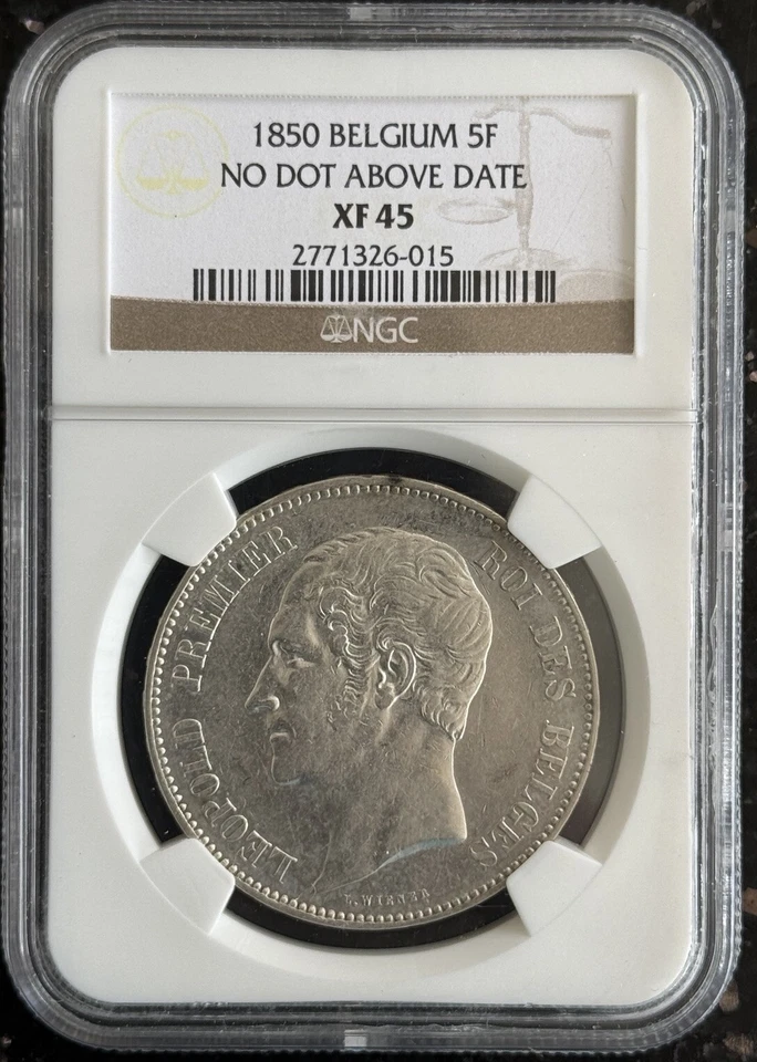 1850 BELGIUM SILVER 5 FRANCS 5F KING LEOPOLD NGC XF 45 NO DOT ABOVE DATE SCARCE - Image 3 of 4