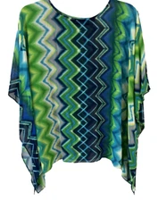 Susan Graver Chiffon Sheer Print Scarf Top Sz L Blue Green Geometric Women XK17