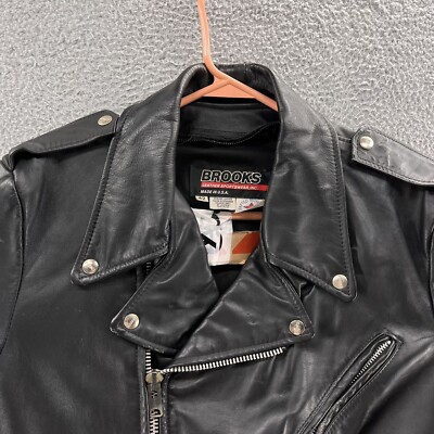 VINTAGE Brooks Jacket Men 42 Large Black Leather Biker Grunge
