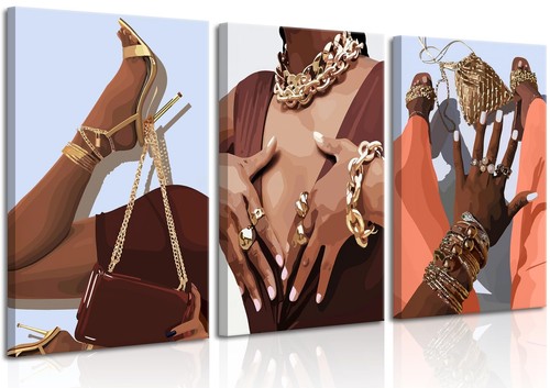 3Pcs Trendy African American Woman Canvas Wall Art Abstract Black Girl Wall D... - 第 1/9 張圖片
