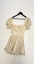 House Of CB Melita Dress Cream Floral Print Puff sleeve Mini Dress Size M