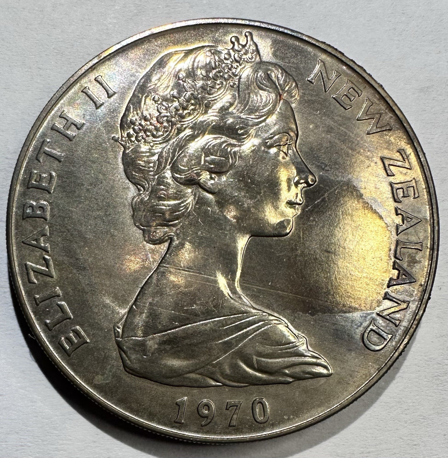 1970 New Zealand 1 Dollar, Royal Visit Mt. Cook UNC/BU Toned!