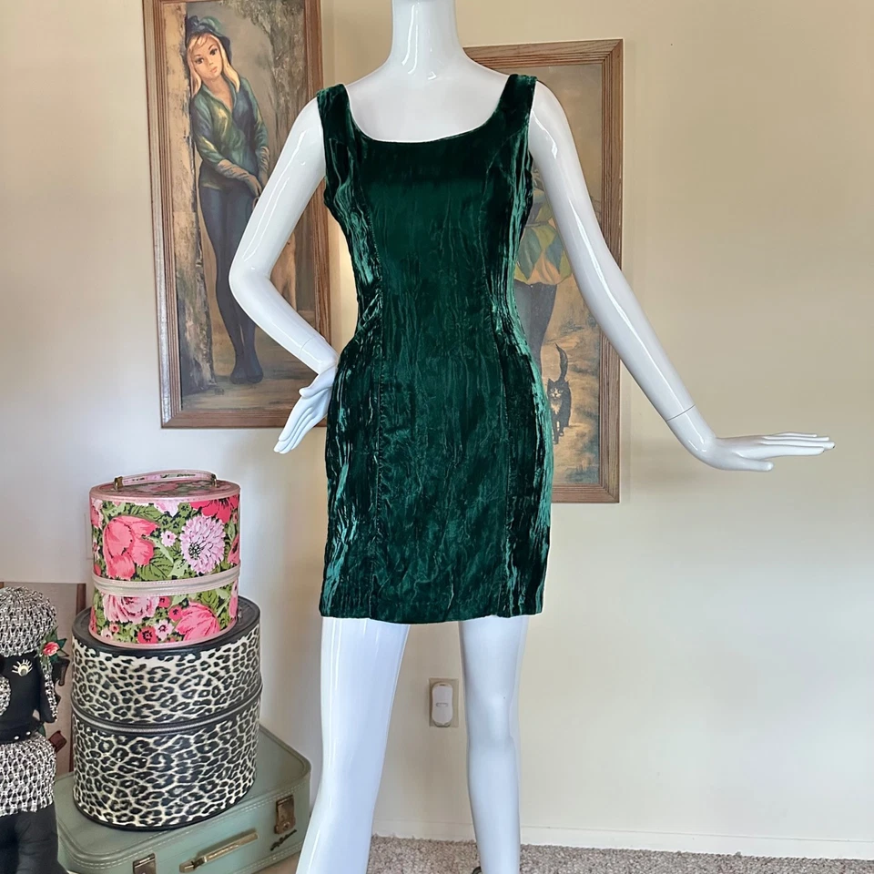 Vintage 90s Emerald Green Crushed Velvet Supermodel Bodycon Mini Dress XS/S - Image 2 of 4