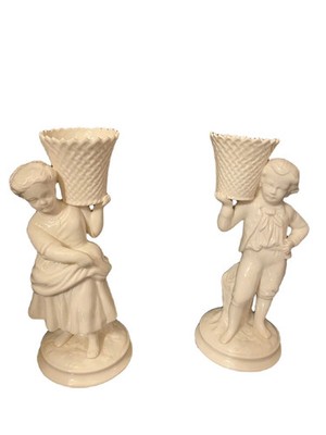 2 Porcelain Figurine,Girl Basket Carrier-Boy Basket Carrier by Belleek Ireland