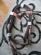NEW WESTERN RAWHIDE V BROW HORSE HAIR HEADSTALL & SPLIT REINS