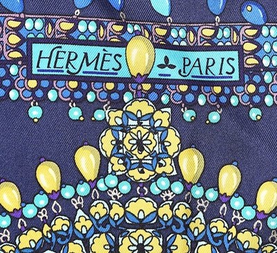 Hermes Scarf Stole Parures des Maharajas Navy Turquoise Silk Auth