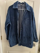 Vtg 90's W Large Distressed Long Denim WorkBarn Jacket Boundary Waters Military