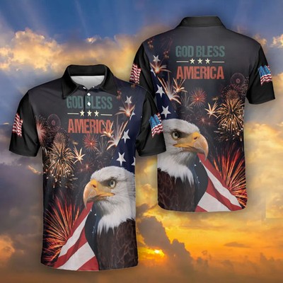 Eagle Independence Day Fireworks God Bless America Patriotic Polo Shirt