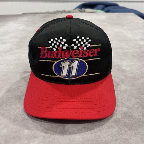 Vintage BUDWEISER #11 Racing 80s USA Black Red Hat Cap Snapback Checkered Flags - Imagen 2 de 9