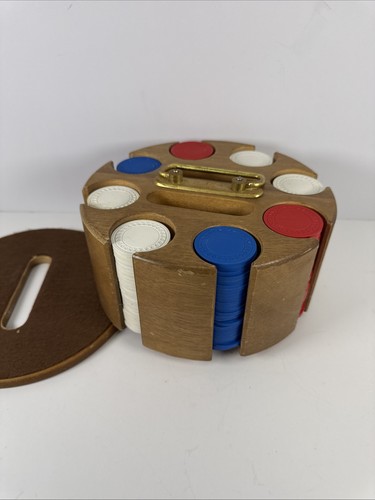 Vintage Poker Chip Caddy Wood Spinning Carousel 195 Chips, Red, Blue White 🇺🇸
