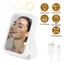 10X Magnifying LED Travel Makeup Mirror, 3 Light Modes Double-Sided Mirror with