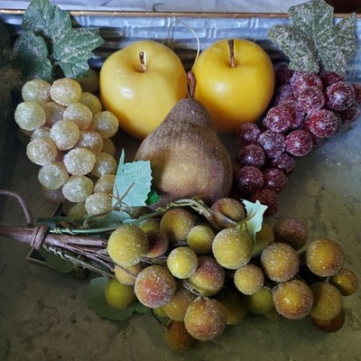 Lot 6 PC 3 Sugared Bunches Grapes Frosted Decor Pear 2 Yellow Apple Candles