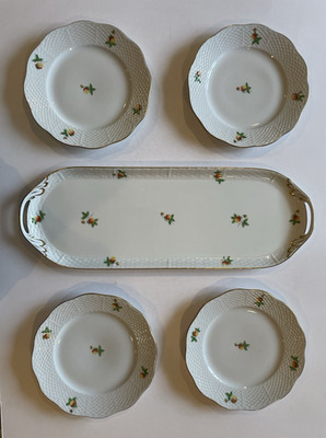 Herend Hand-painted serving tray, 4 dessert plates, Basket weave border Hungary