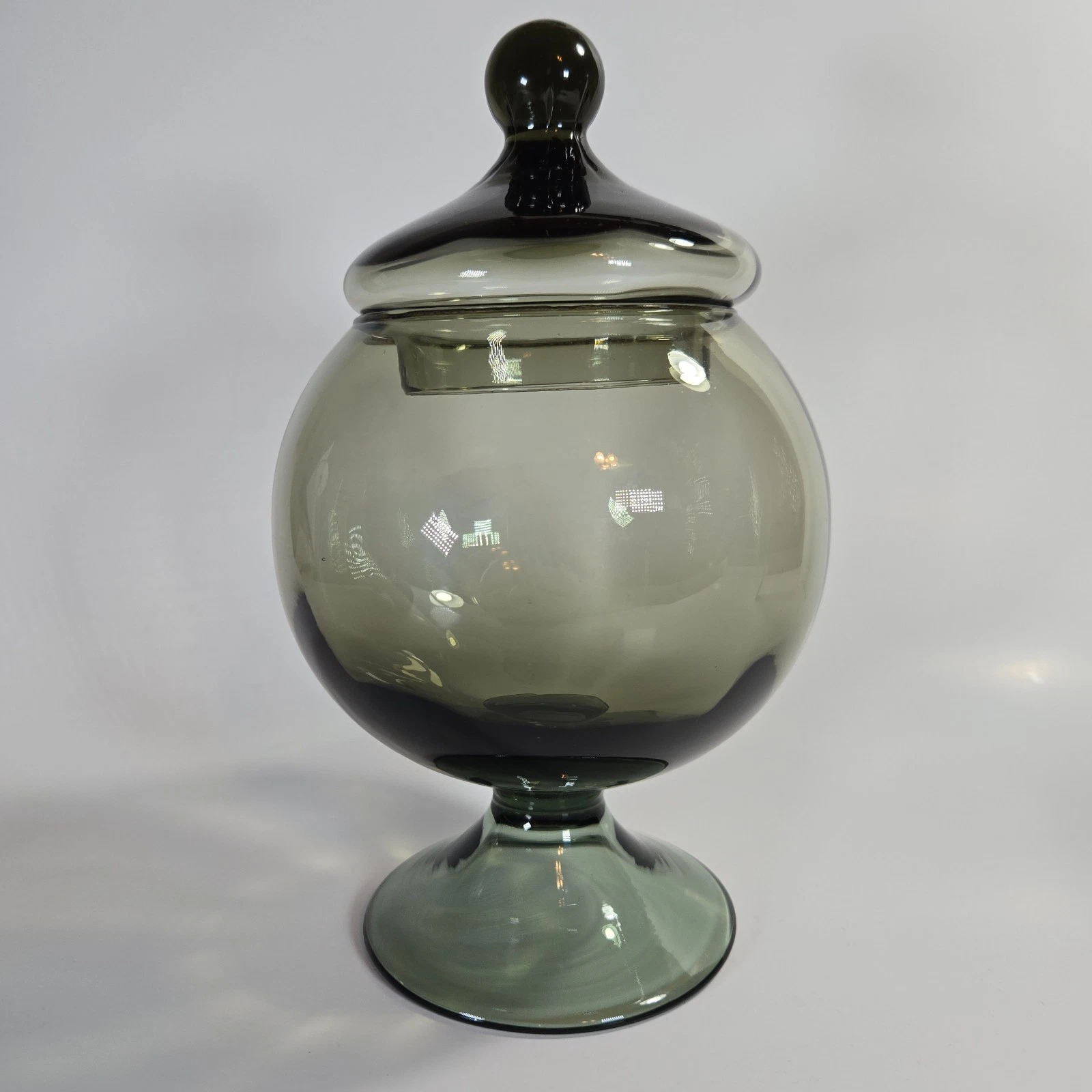 VTG Smoked Glass Apothecary Candy Jar West Virginia Glass 9" Tall Footed Lidded
