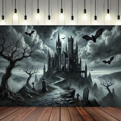 2D Flat, Large Gothic Castle Night Scene Banner - Gothic Architecture Backdrop