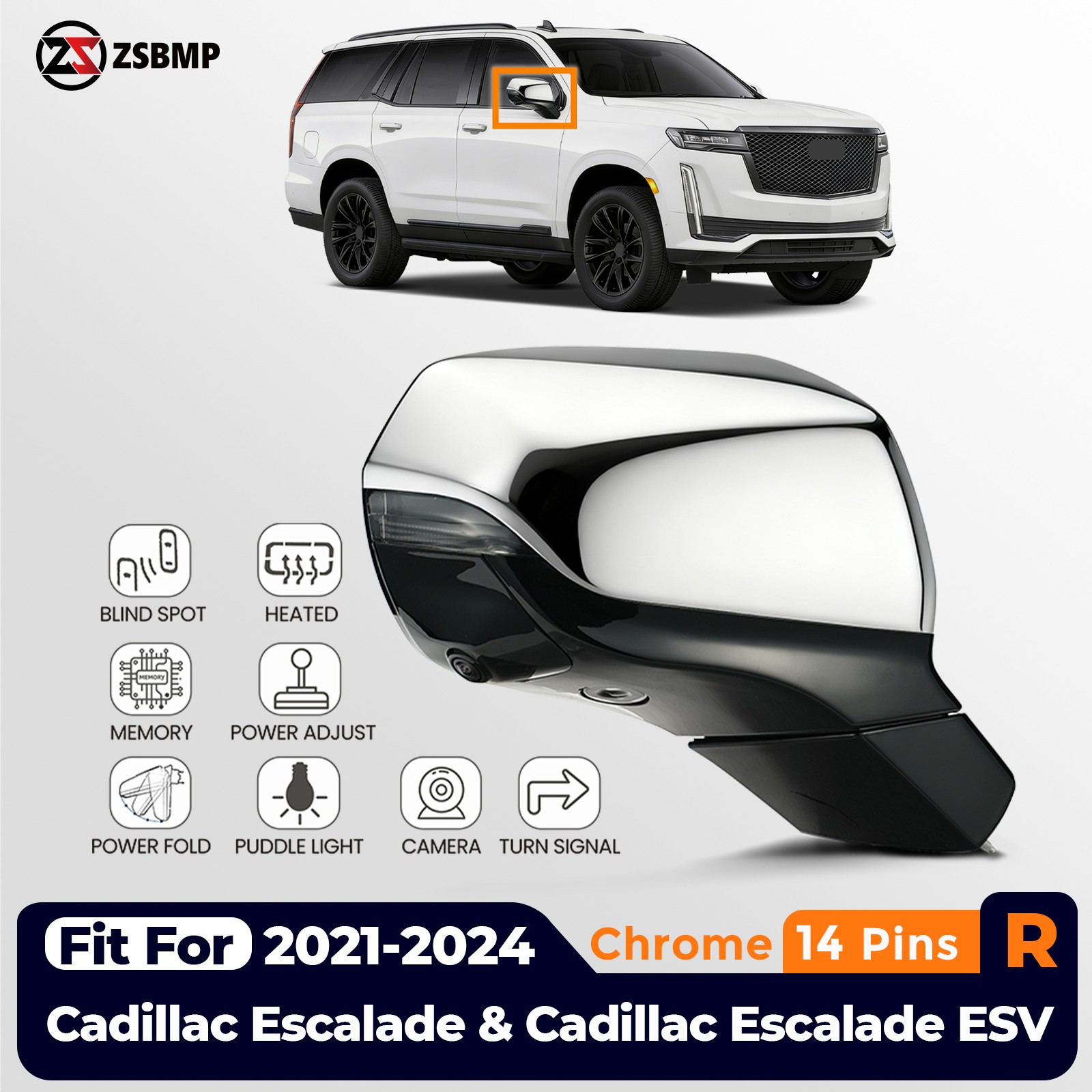 Side Mirror For 2021-2024 Cadillac Escalade W/BSD & Heated Chrome 14 Pins Right