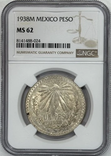 1938M Mexico Silver Un Peso NGC MS62