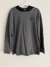 TIMBERLAND Hooded T-Shirt Youth Boys M 10-12 Long Sleeve Spellout Gray Hoodie