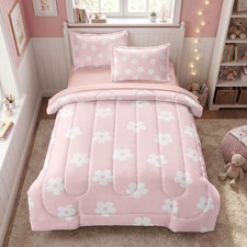 Pink Twin Bedding Sets for Girls Cute Floral Comforter Set with Sheets, 5 Pieces